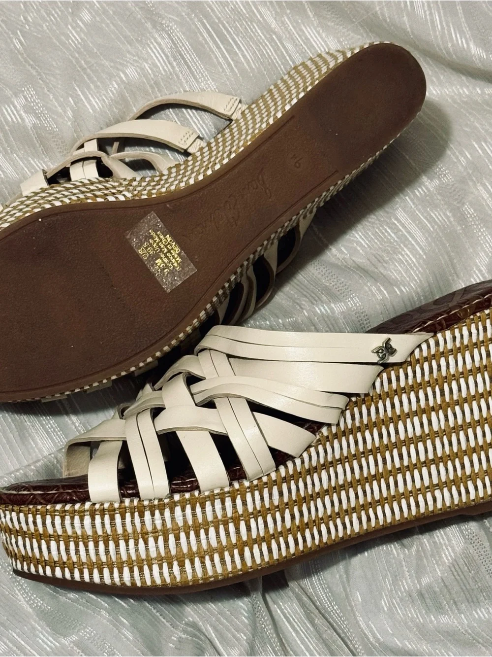 Sam Edelman Devon Wedge Sandals 9.5 Cream Strappy Woven Platform Like New